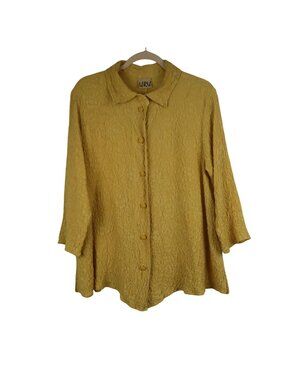 URU Womens L Yellow Textured Silk Button-Down Blouse 3/4 Sleeves Made In USA